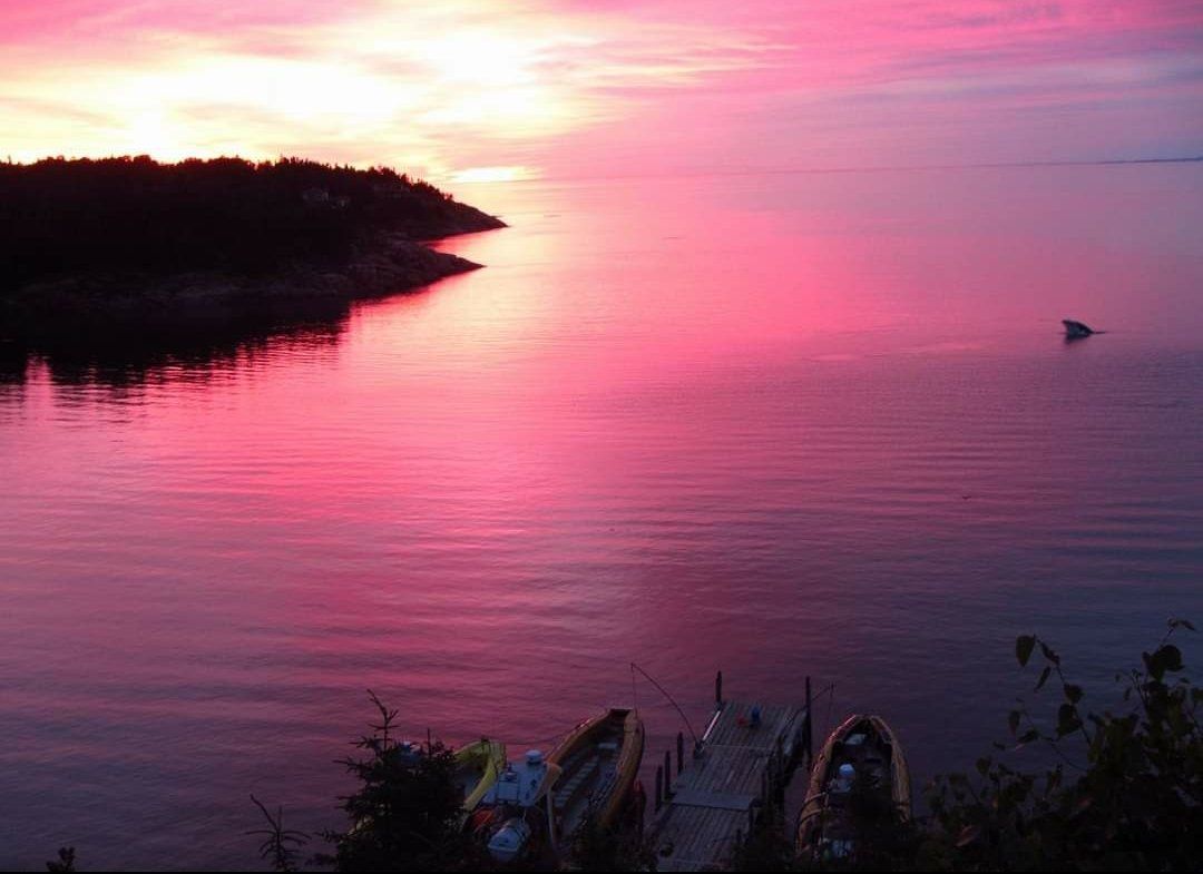 Notre quai des Escoumins sous un coucher de soleil rose, les zodiacs amarrés