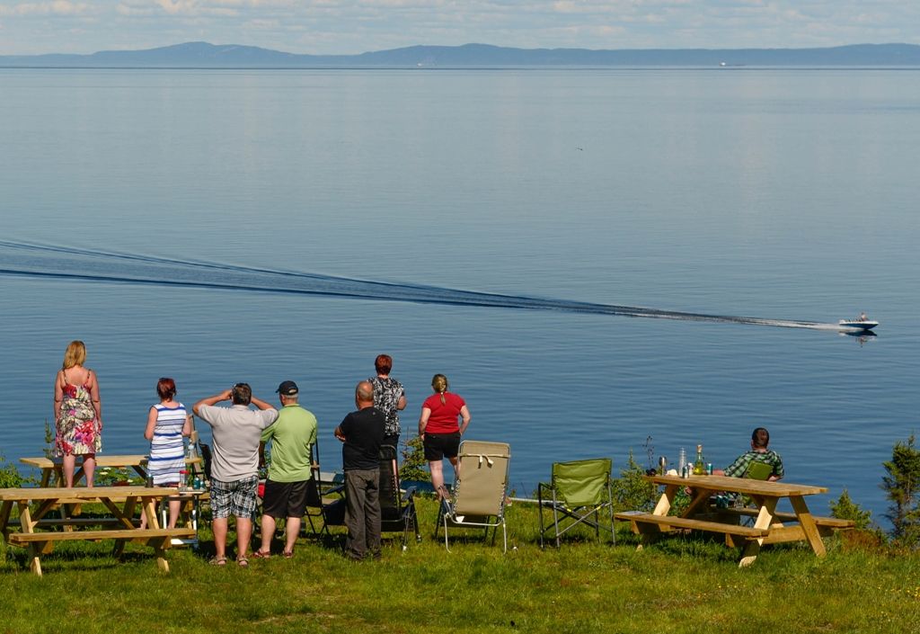 Des visiteurs sur le terrain au bord du fleuve regardent un zodiac partir