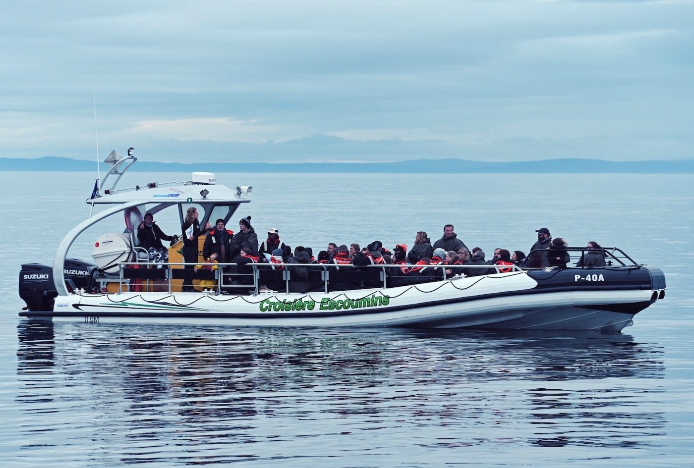 Notre zodiac Grand Confort P-40A, rempli de passagers, sur une mer calme